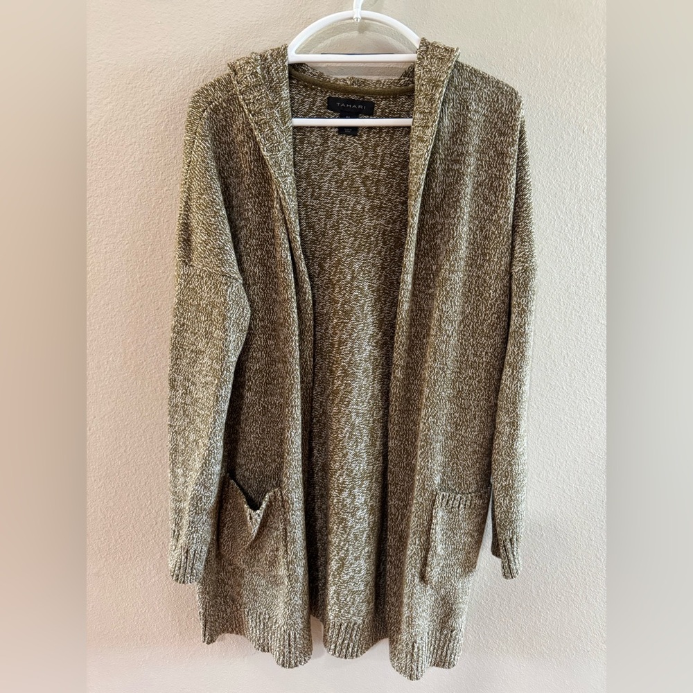 Tahari Olive-Tone Hooded Open-Front Cardigan